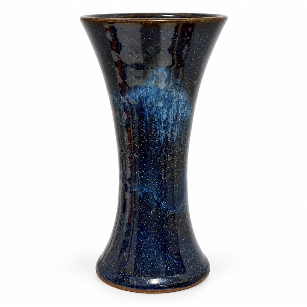 Signed Studio Pottery Flared Trumpet Vase Blue Black Drip Glaze 2006 7.5 Inch